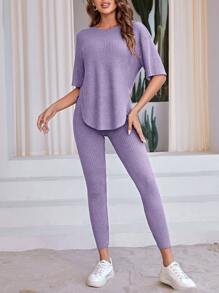 SHEIN LUNE 落肩袖下擺開叉T恤和緊身褲 - 紫丁香色 - 查看 4