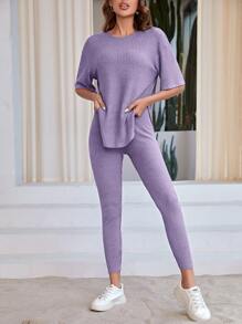 SHEIN LUNE 落肩袖下擺開叉T恤和緊身褲 - 紫丁香色 - 查看 6