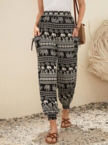 EMERY ROSE Geo & Elephant Print Dual Pocket Pants