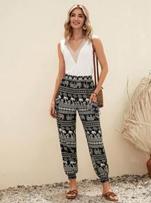 EMERY ROSE Geo & Elephant Print Dual Pocket Pants