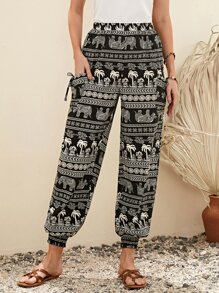 EMERY ROSE Geo & Elephant Print Dual Pocket Pants