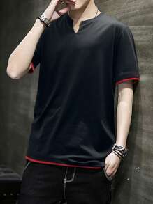 Manfinity Homme Hombres Camiseta 2 en 1 ribete en contraste de cuello notch - Negro - Ver 1