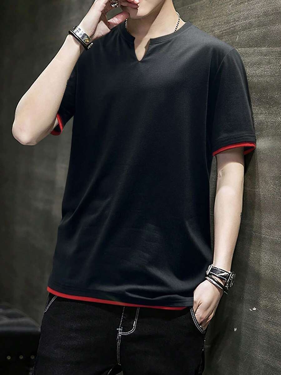 Manfinity Homme Hombres Camiseta 2 en 1 ribete en contraste de cuello notch - Negro - Ver 1