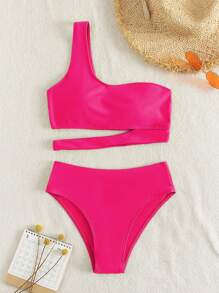 Swim Basics 素色比基尼套裝鏤空單肩上衣和泳衣下裝2入組泳衣 - 玫紅色 - 查看 1