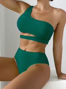 Cut Out One Shoulder Summer Beach Bikini Set - Dark Green - View 1