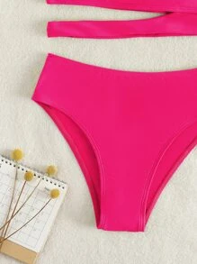 Swim Basics 素色比基尼套裝鏤空單肩上衣和泳衣下裝2入組泳衣 - 玫紅色 - 查看 6