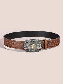 1 pieza cinturón vaquero con hebilla geométrica con detalle de ganado para mujer para decoración diaria - Marrón - Ver 3