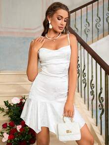 PARTHEA Jacquard Ruffle Hem Satin Cami Dress - White - View 5