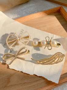 4入組女士人造珍珠和蝴蝶結裝飾優雅髮夾適用於裝飾用品 - 彩色 - 查看 1