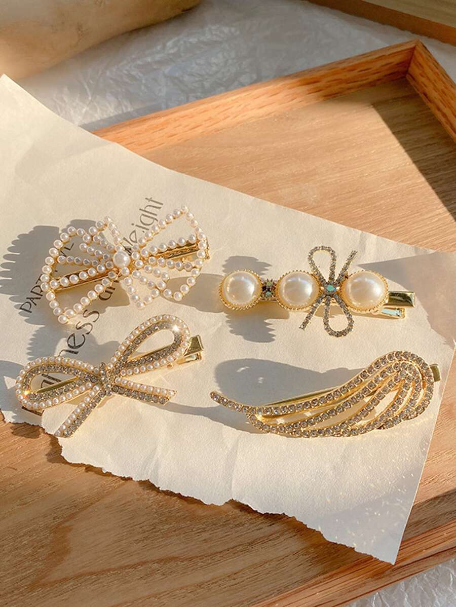 4入組女士人造珍珠和蝴蝶結裝飾優雅髮夾適用於裝飾用品 - 彩色 - 查看 1