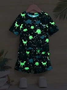 SHEIN T-Shirt und Shorts mit reflektierendem Dinosaurier Muster für kleine Jungen