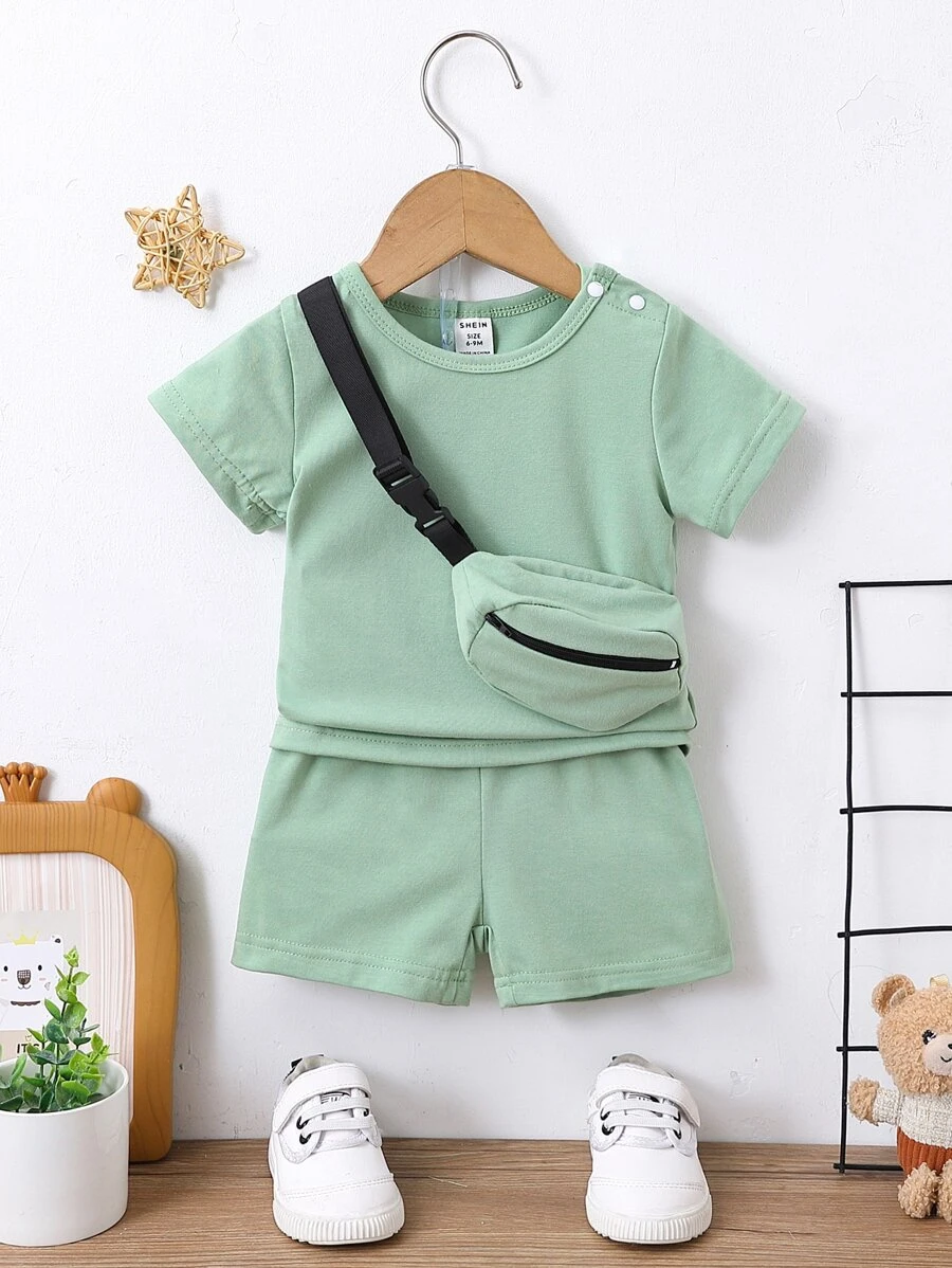 Baby Boy Solid Tee & Track Shorts - Mint Green - View 1