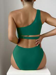 Cut Out One Shoulder Summer Beach Bikini Set - Dark Green - View 2