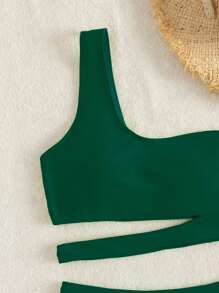Cut Out One Shoulder Summer Beach Bikini Set - Dark Green - View 3