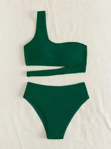 Cut Out One Shoulder Summer Beach Bikini Set - Dark Green - View 4