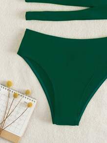 Cut Out One Shoulder Summer Beach Bikini Set - Dark Green - View 5
