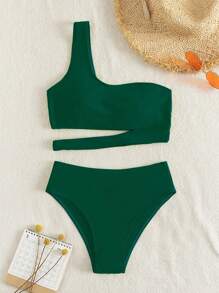 Cut Out One Shoulder Summer Beach Bikini Set - Dark Green - View 6
