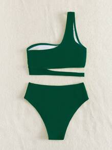 Cut Out One Shoulder Summer Beach Bikini Set - Dark Green - View 7
