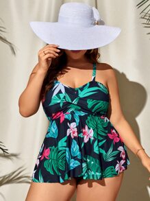 SHEIN Swim Curve 加大码热带印花褶皱比基尼夏日海滩 - 彩色 - 查看 3