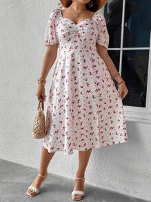 Flirla 大碼碎花胸部褶皺高衩連衣裙 - 白色 - 查看 1