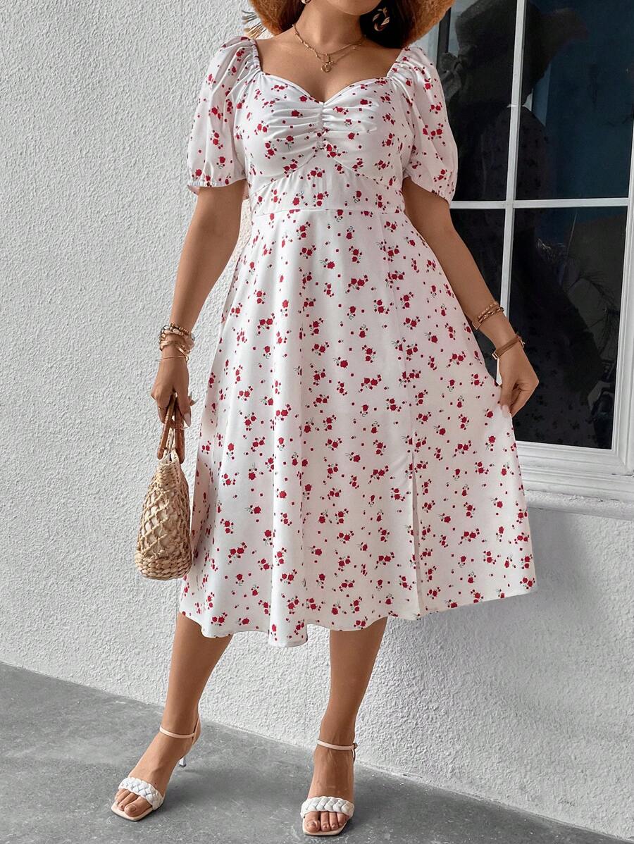 Flirla 大碼碎花胸部褶皺高衩連衣裙 - 白色 - 查看 1