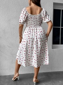Flirla 大碼碎花胸部褶皺高衩連衣裙 - 白色 - 查看 2
