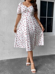 Flirla 大碼碎花胸部褶皺高衩連衣裙 - 白色 - 查看 3