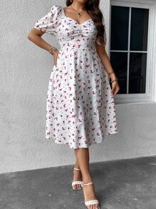 Flirla 大碼碎花胸部褶皺高衩連衣裙 - 白色 - 查看 4