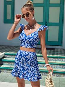 SHEIN VCAY con estampado floral ribete con fruncido Top crop & bajo con fruncido Falda - Azul - Ver 3