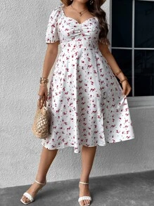 Flirla 大碼碎花胸部褶皺高衩連衣裙 - 白色 - 查看 5