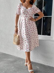 Flirla 大碼碎花胸部褶皺高衩連衣裙 - 白色 - 查看 6