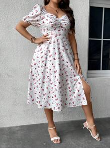 Flirla 大碼碎花胸部褶皺高衩連衣裙 - 白色 - 查看 8