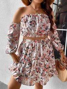 SHEIN Holidaya con estampado floral de hombros descubiertos Top crop & bajo con fruncido Falda - Multicolor - Ver 3