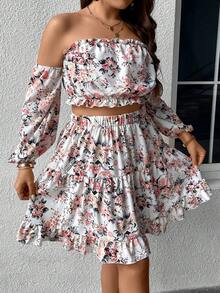 SHEIN Holidaya con estampado floral de hombros descubiertos Top crop & bajo con fruncido Falda - Multicolor - Ver 5