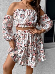SHEIN Holidaya con estampado floral de hombros descubiertos Top crop & bajo con fruncido Falda - Multicolor - Ver 6
