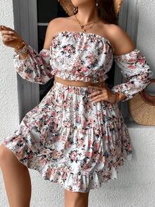 SHEIN Holidaya con estampado floral de hombros descubiertos Top crop & bajo con fruncido Falda - Multicolor - Ver 7