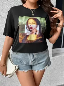 Calvaya 大碼人像圖案T恤 - 黑色 - 查看 1