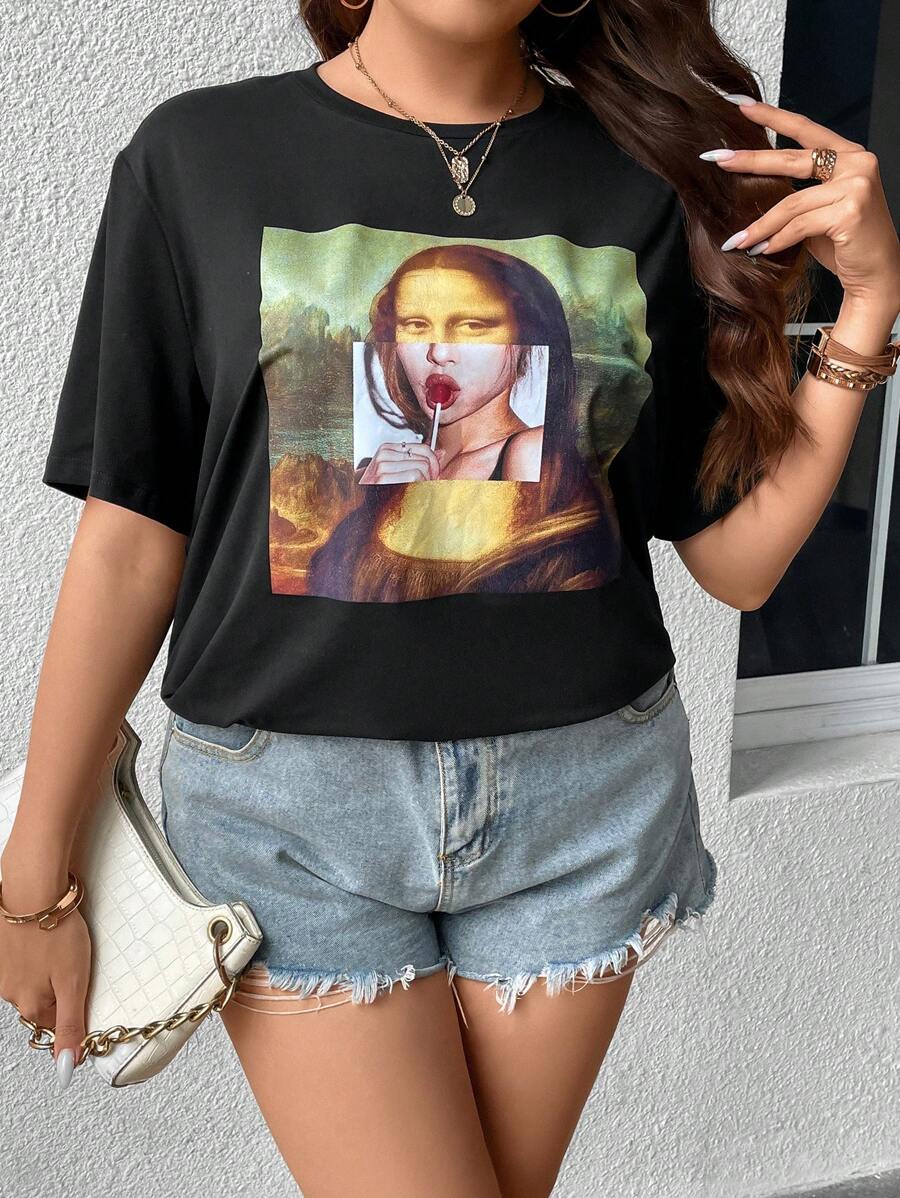 Calvaya 大碼人像圖案T恤 - 黑色 - 查看 1