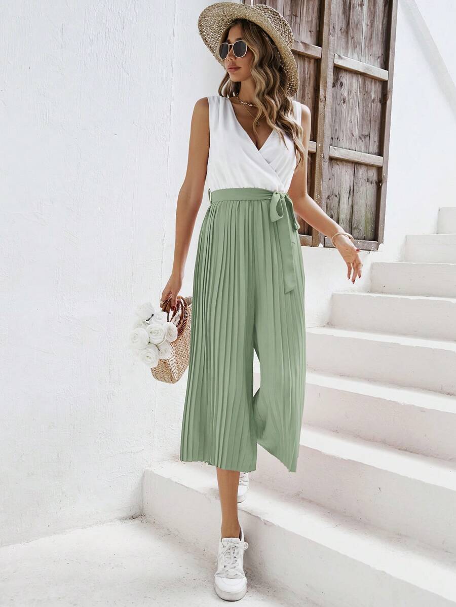 SHEIN Frenchy Áo liền quần nữ Thắt lưng Trọn gói Xếp li Khối Màu Giải trí - Màu xanh Bạc hà - Xem 1