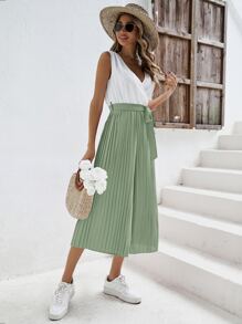 SHEIN Frenchy Áo liền quần nữ Thắt lưng Trọn gói Xếp li Khối Màu Giải trí - Màu xanh Bạc hà - Xem 3