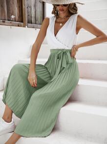 SHEIN Frenchy Áo liền quần nữ Thắt lưng Trọn gói Xếp li Khối Màu Giải trí - Màu xanh Bạc hà - Xem 5