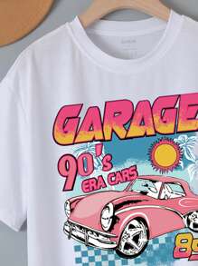 SHEIN EZwear 汽車和字母圖案T恤 - 白色 - 查看 3