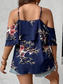 SHEIN Holidaya Plus Floral Print Cold Shoulder Ruffle Trim Blouse - Navy Blue - View 2