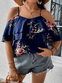 SHEIN Holidaya Plus Floral Print Cold Shoulder Ruffle Trim Blouse - Navy Blue - View 3