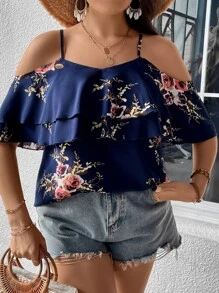SHEIN Holidaya Plus Floral Print Cold Shoulder Ruffle Trim Blouse - Navy Blue - View 4