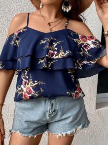 SHEIN Holidaya Plus Floral Print Cold Shoulder Ruffle Trim Blouse - Navy Blue - View 6
