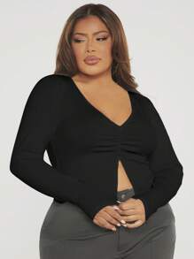 SHEIN SXY Plus Ruched Split Hem Tee - Black - View 6