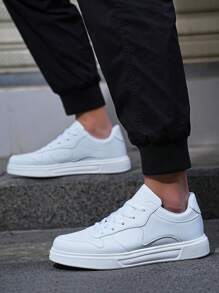 男士極簡前綁帶運動白色戶外板鞋 - 白色 - 查看 1