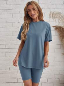 EMERY ROSE Bộ đồ hai mảnh nữ màu trơn Giải trí - Màu xanh bụi bặm - Xem 1