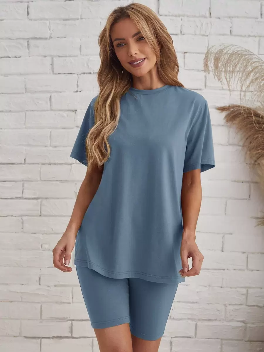 EMERY ROSE Bộ đồ hai mảnh nữ màu trơn Giải trí - Màu xanh bụi bặm - Xem 1